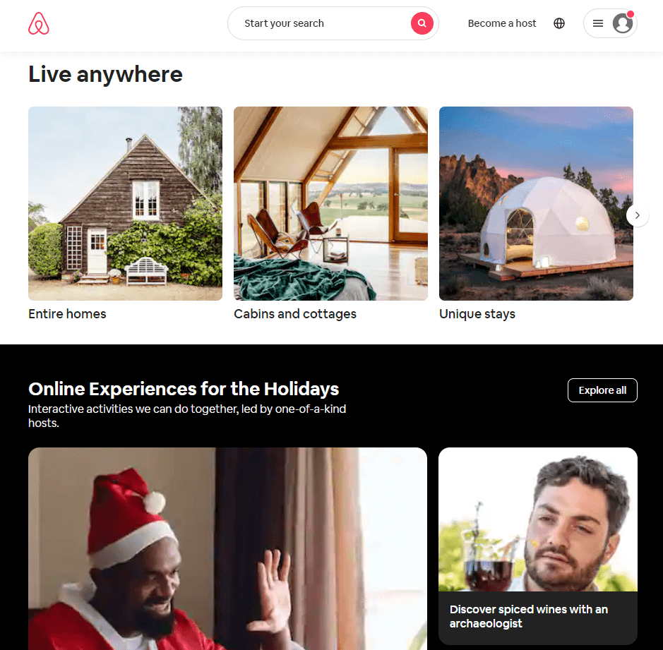 Page d'accueil d'Airbnb