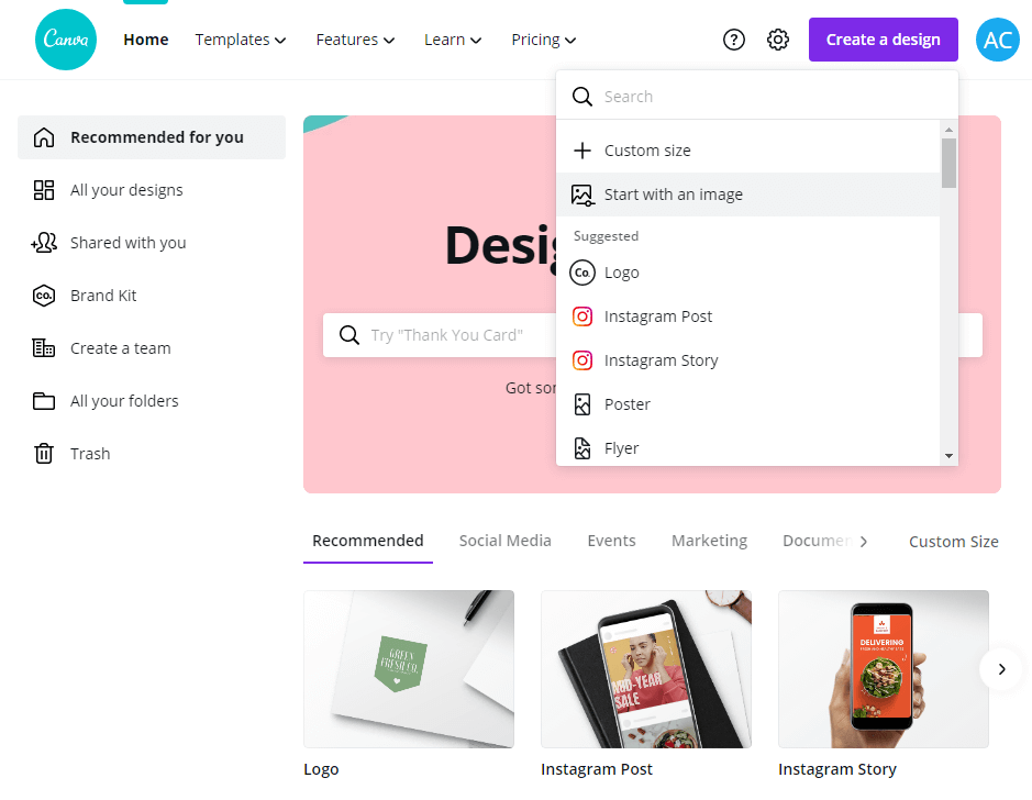 Le menu principal de Canva