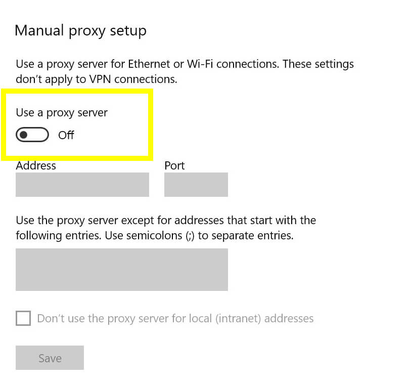 The Windows 10 proxy settings.