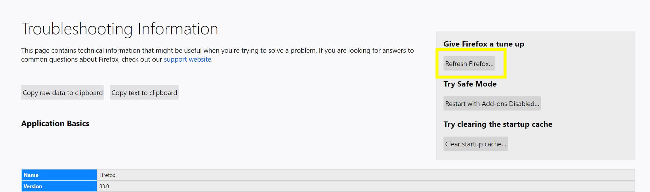 The Troubleshooting Information settings page in Firefox.