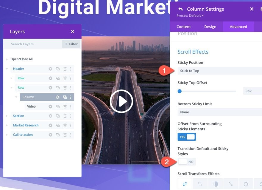 divi sticky promo video with toggle