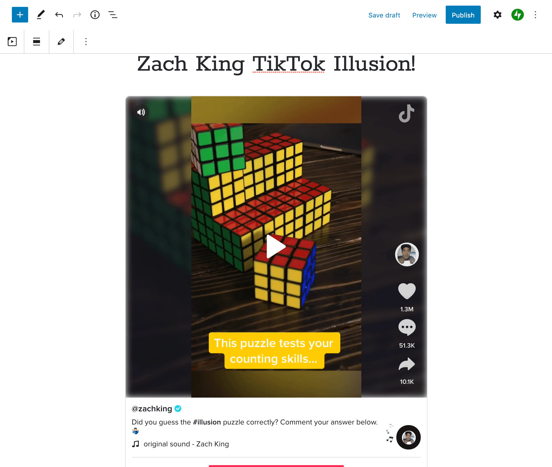 Previewing a TikTok embed in the Block Editor.
