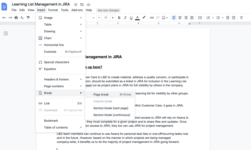 add a page in google docs