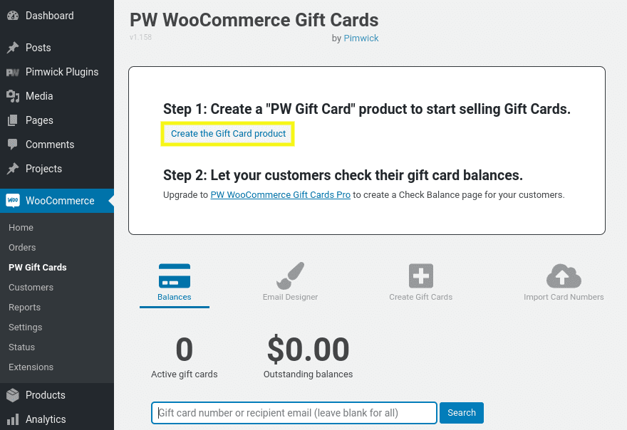 The 'create a gift card product' option in WooCommerce.