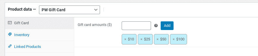 The section to configure the WooCommerce gift cards amount.