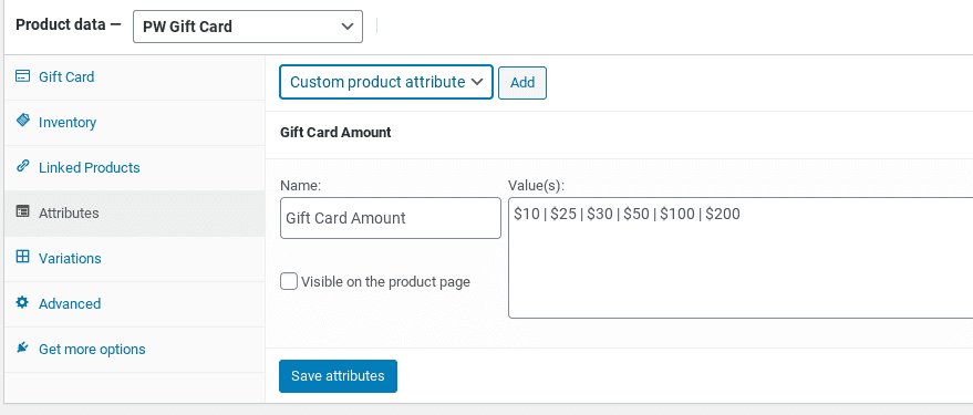 The WooCommerce gift card attributes section.