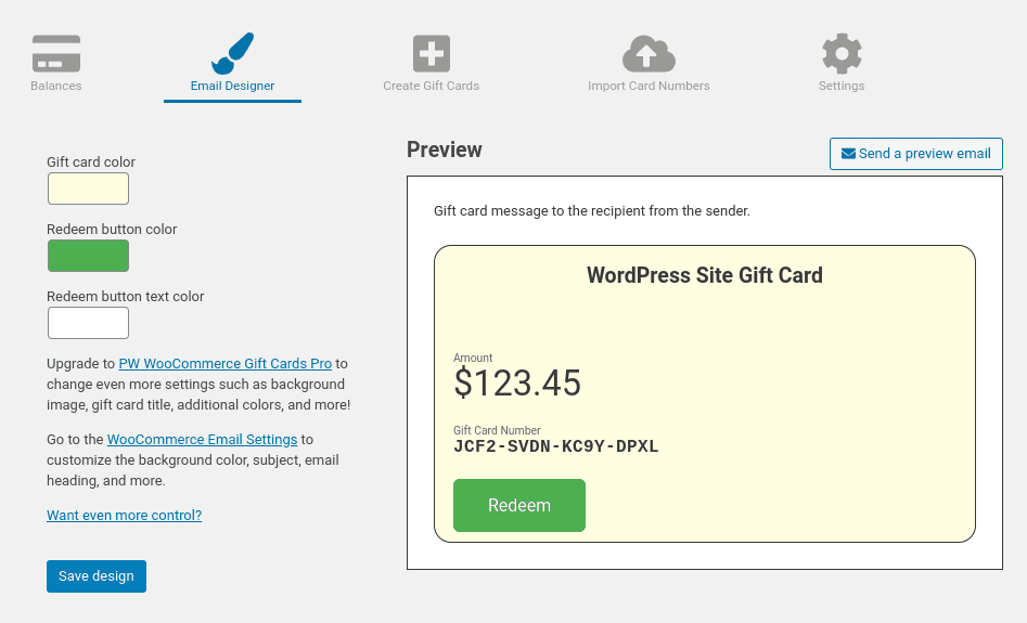 The option to modify the WooCommerce gift card email design.