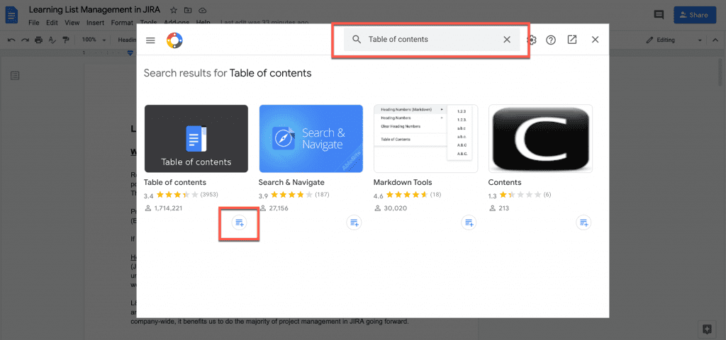 table of contents add-on in Google Docs