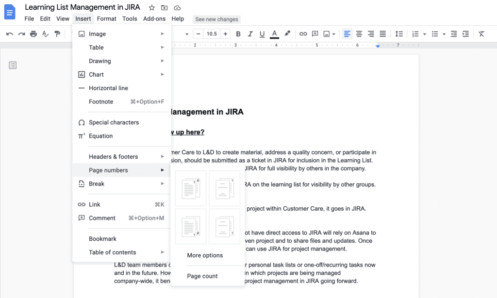 adding page numbers in google docs