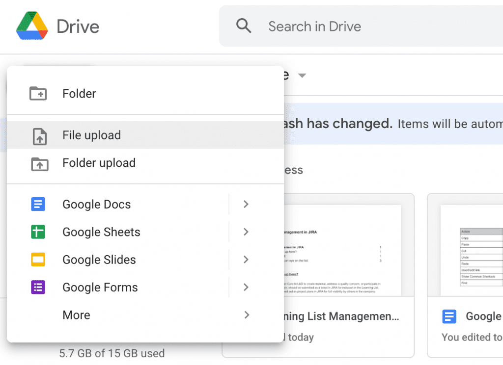 File upload in Google Drive