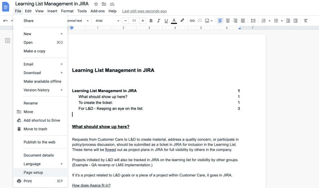 page set up in Google docs