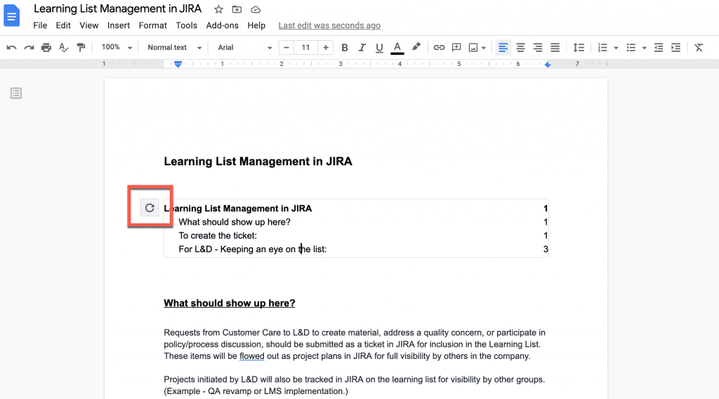 refresh table of contents in Google doc