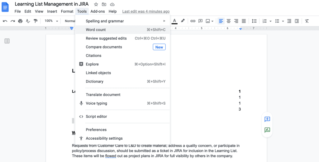 word count in google docs