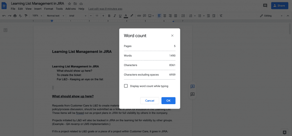 word count menu in Google Doc