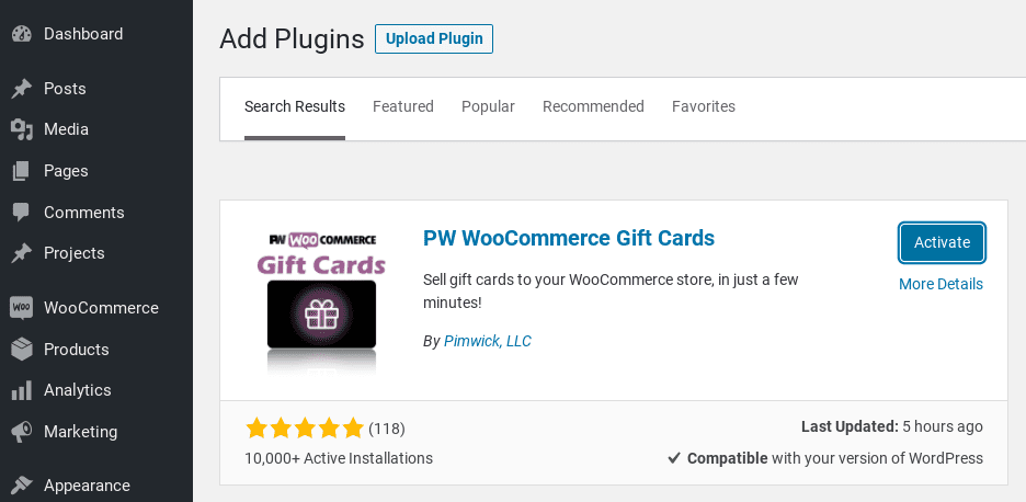 The screen to install the PW WooCommerce Gift Cards plugin.