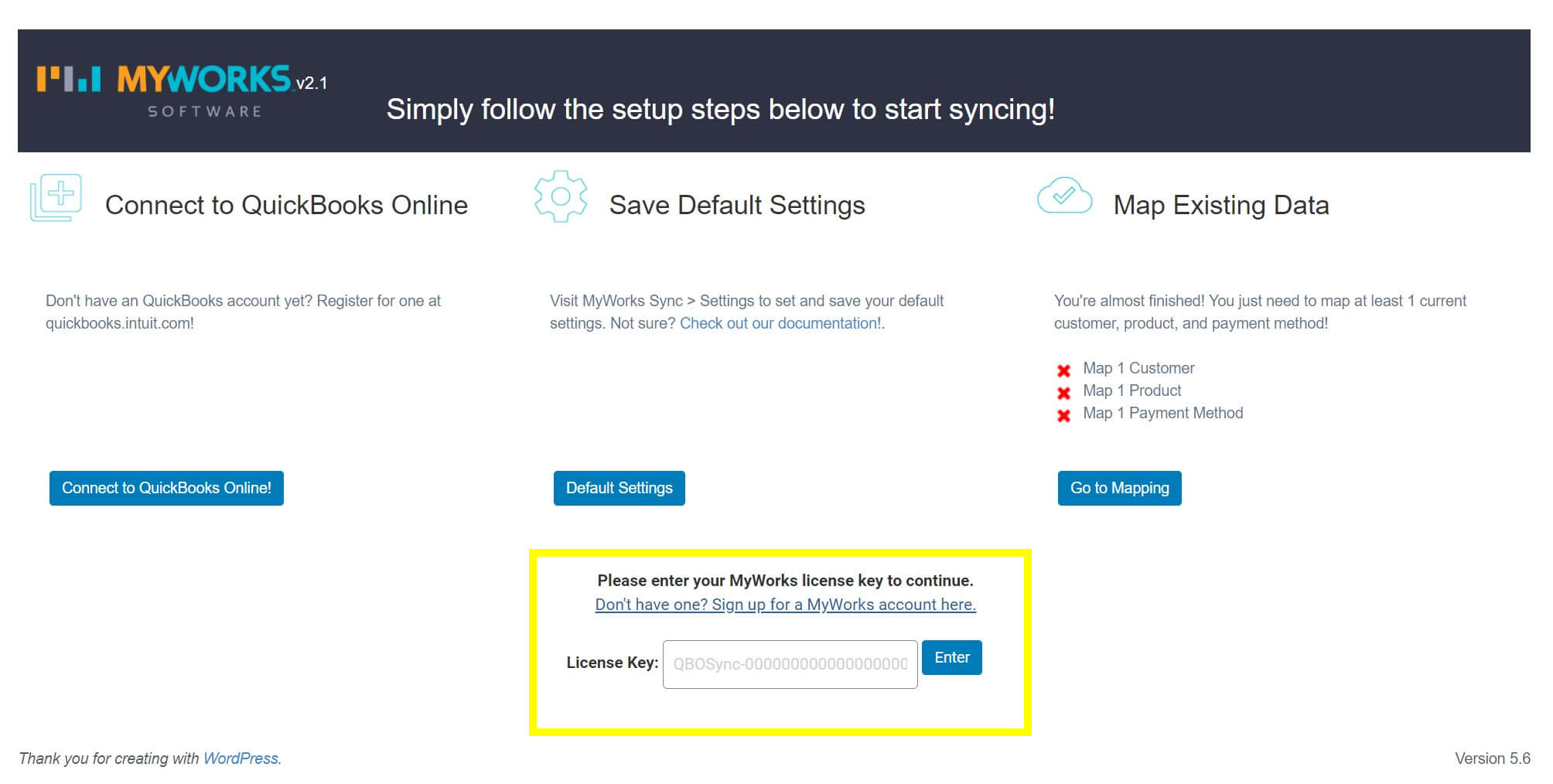 The license key field for the WooCommerce Sync for QuickBooks plugin.