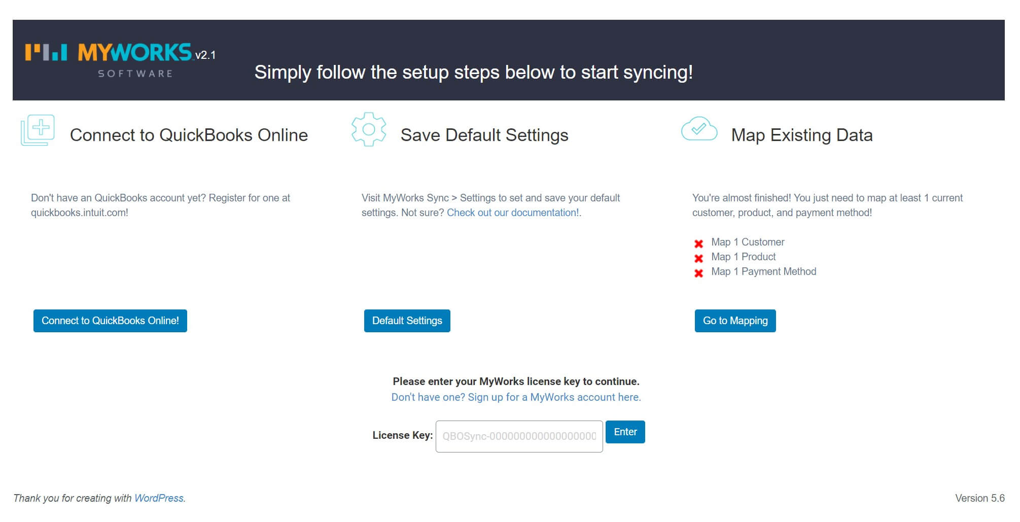 The setup wizard for the WooCommerce Sync for QuickBooks plugin.