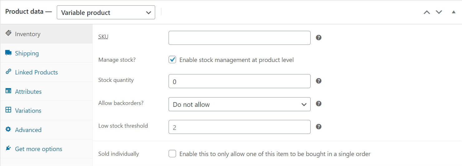 Inventory management for a WooCommerce product.