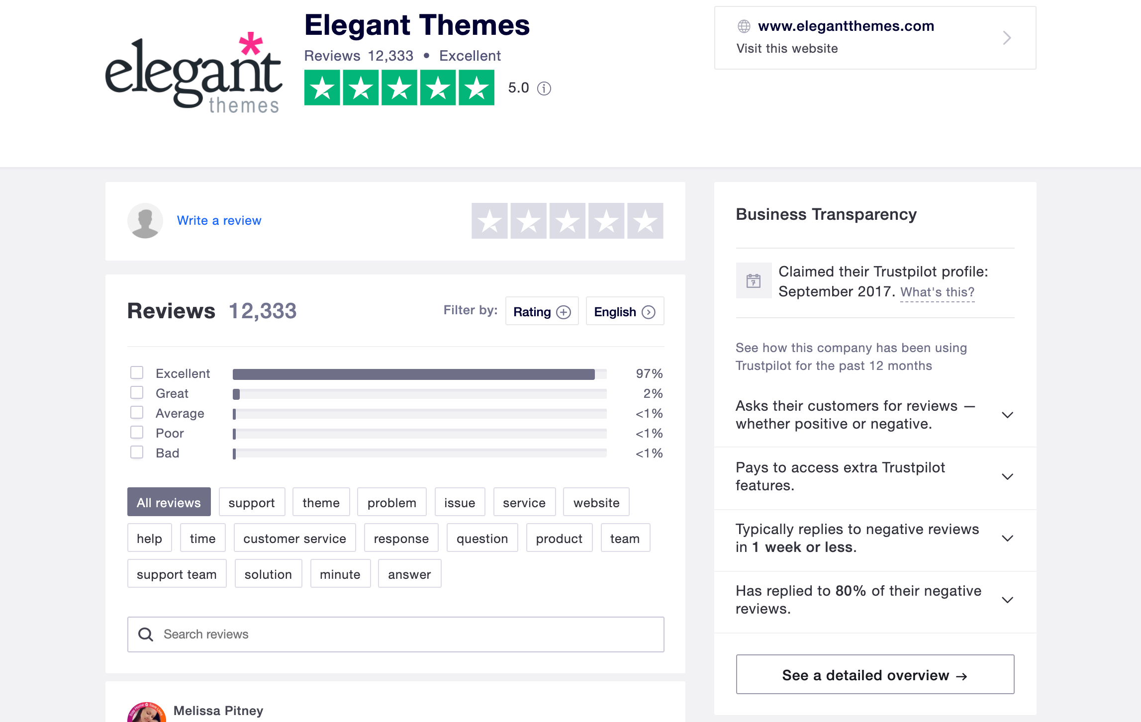 The Elegant Themes Trustpilot profile.