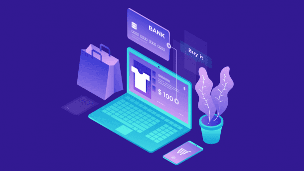 A laptop surrounded by e-commerce items.