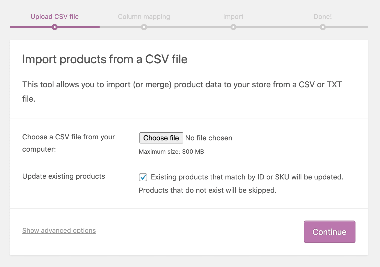 Uploading a WooCommerce CSV import file. 