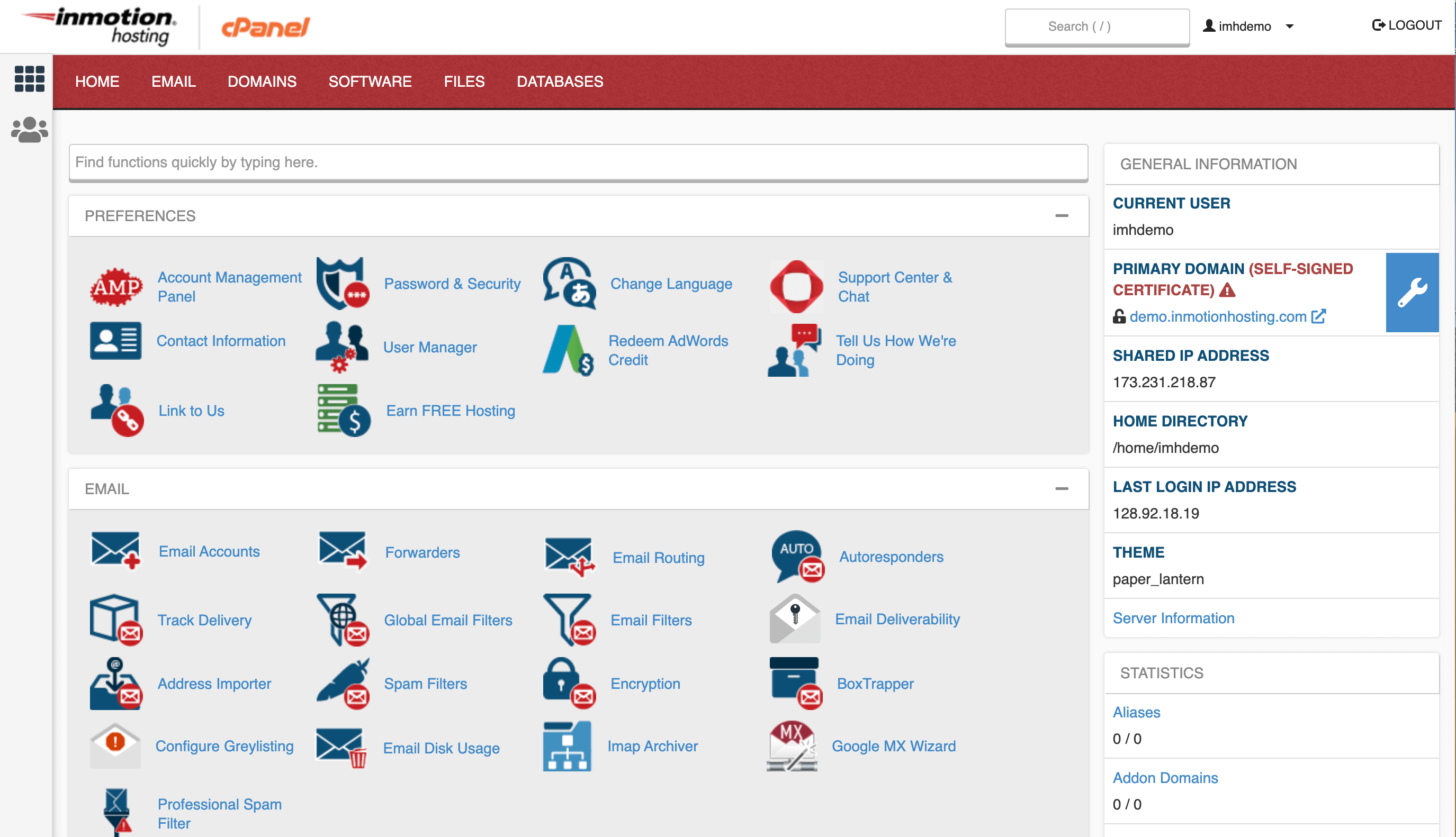 InMotion Hosting's cPanel interface.