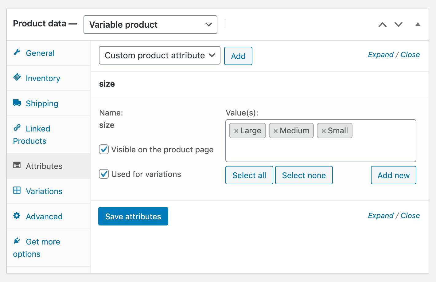 Product size attributes.