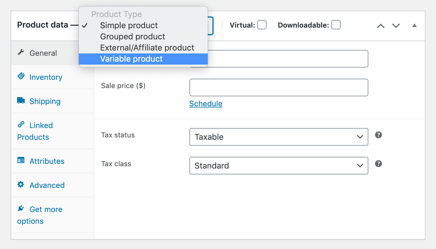 Creating a variable product in WooCommerce.