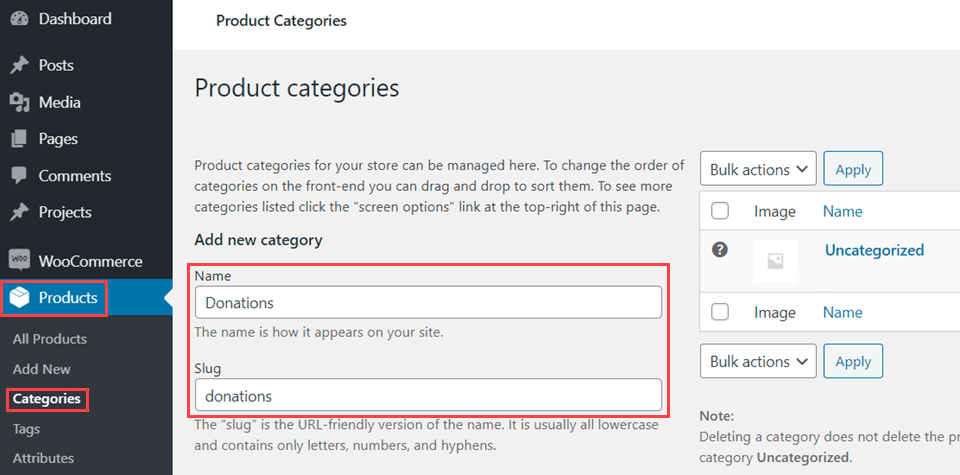 categories for woocommerce donations