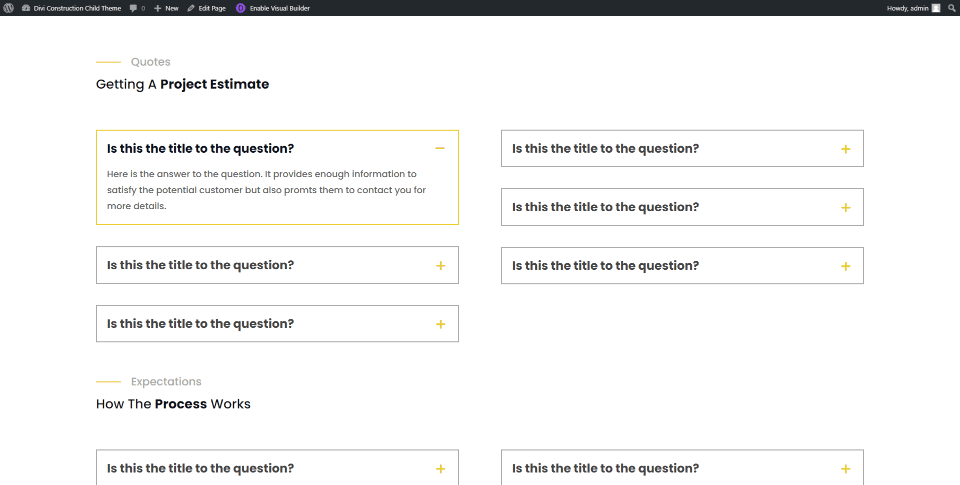 Divi Construction FAQ Page