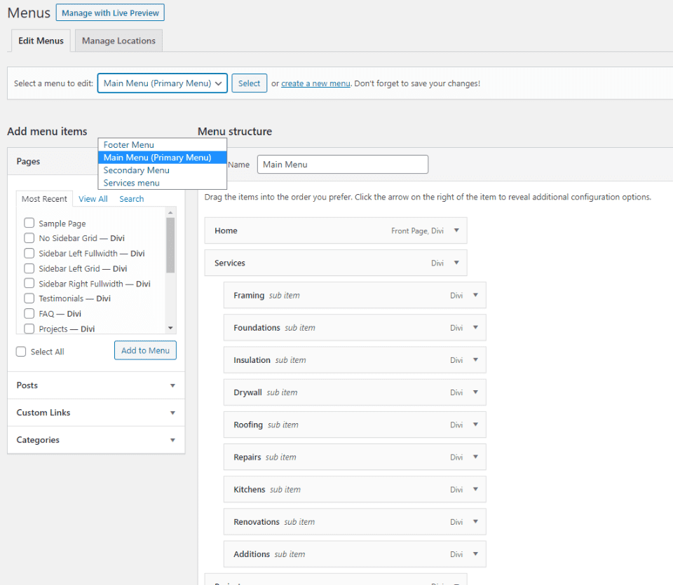 Divi Construction Menus