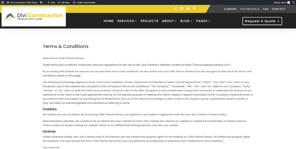 Divi Construction Terms & Conditions and Privacy Policy Pages