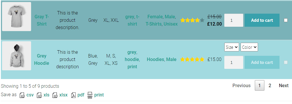 An example of a product list table