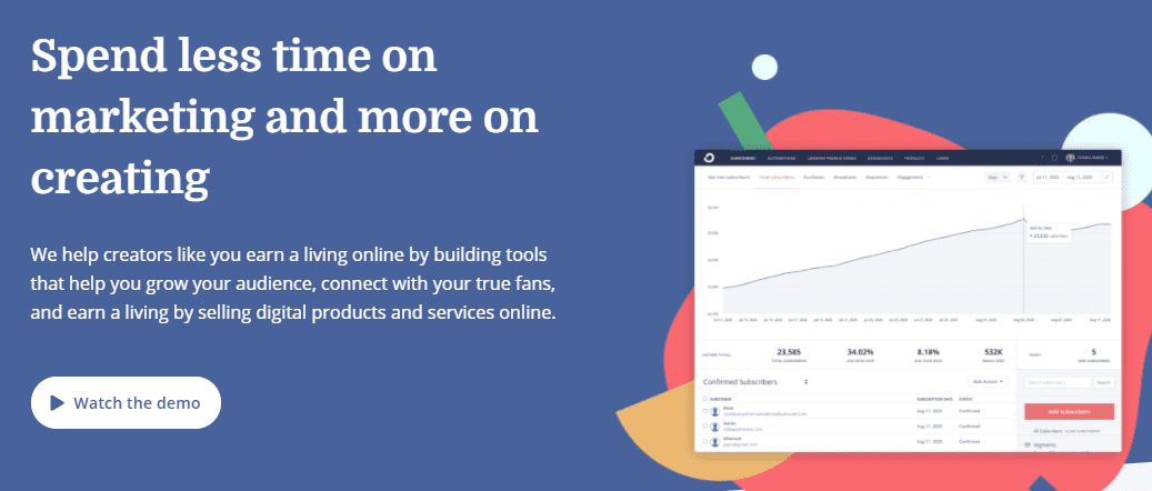 The ConvertKit home page for email marketing services.