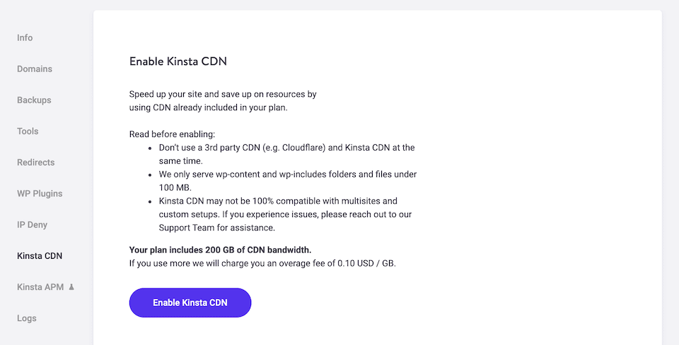 Enabling the Kinsta CDN.