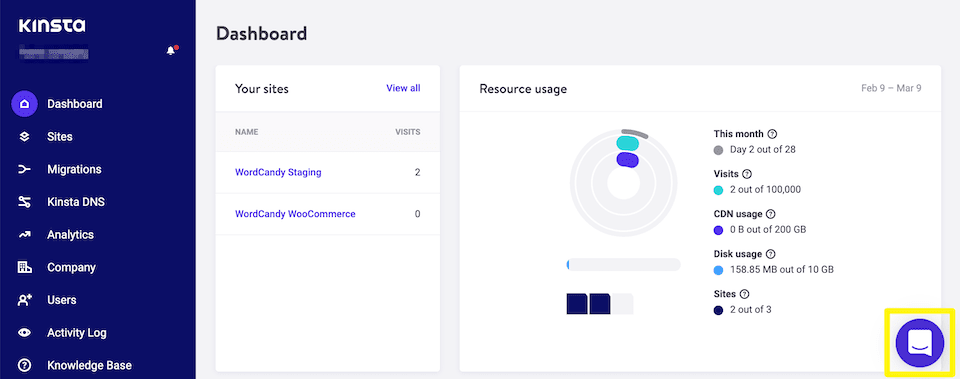 The Kinsta support chat button.