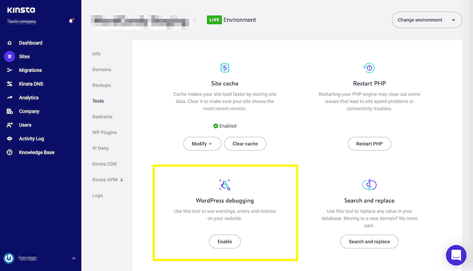 Turning on WordPress debugging from the MyKinsta dashboard.