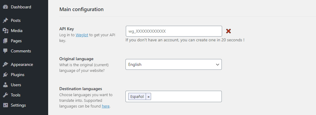 Configuring the Weglot plugin for WordPress