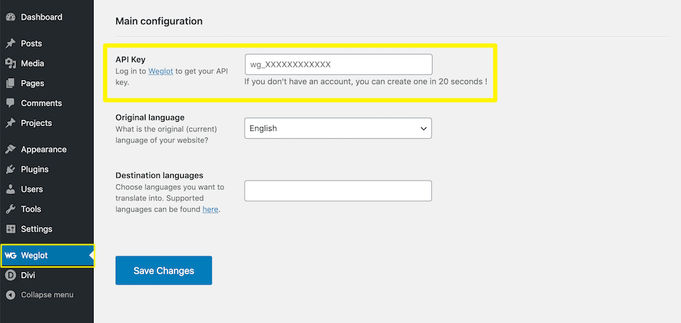 Entering the Weglot API key in WordPress.