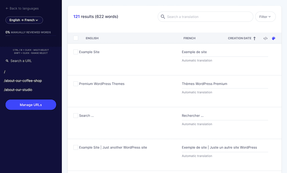 The Weglot Translations dashboard.