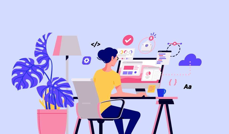 An illustration of a blogger sits at her desk and works.