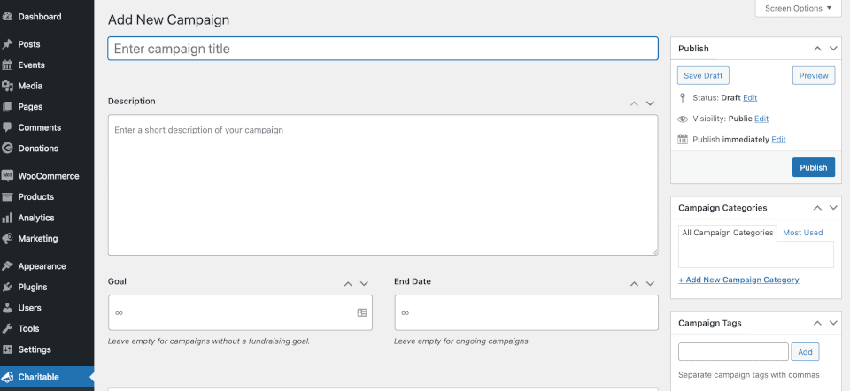 The Charitable WordPress plugin for nonprofits dashboard.