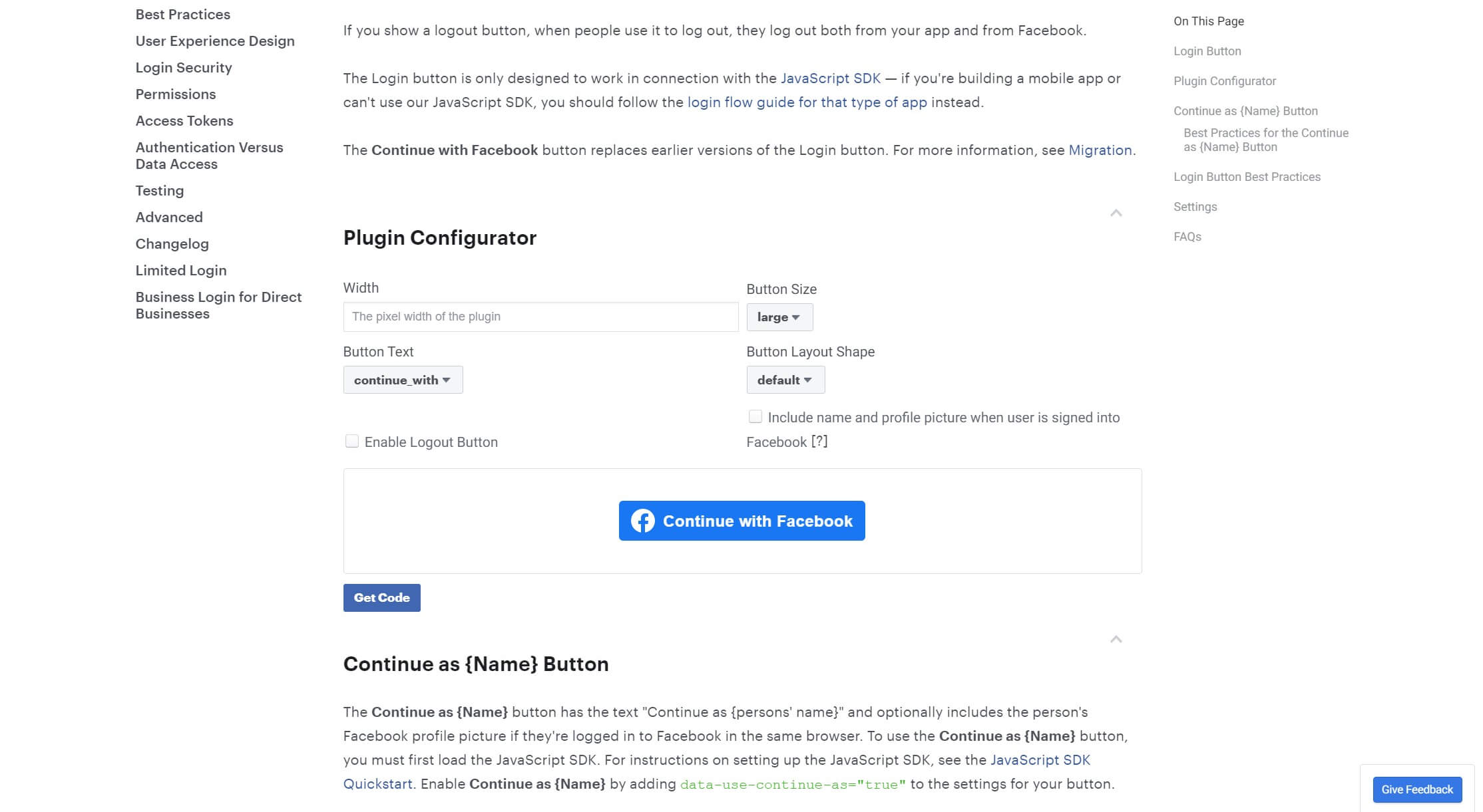 The configuration editor for the Facebook login button's appearance.