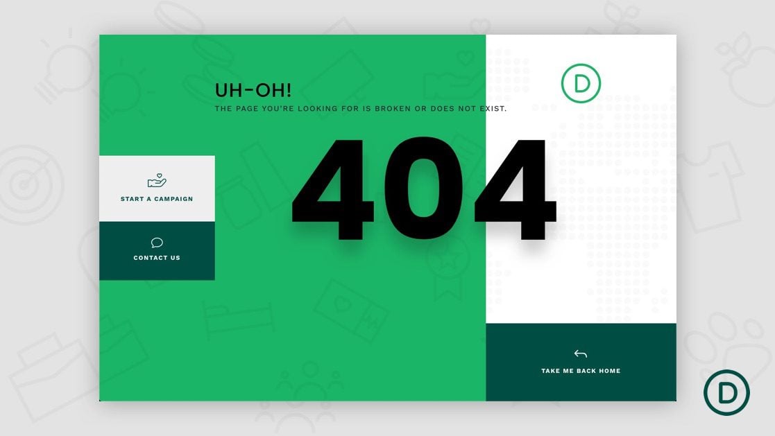 Download a FREE 404 Page Template for Divi’s Crowdfunding Layout Pack