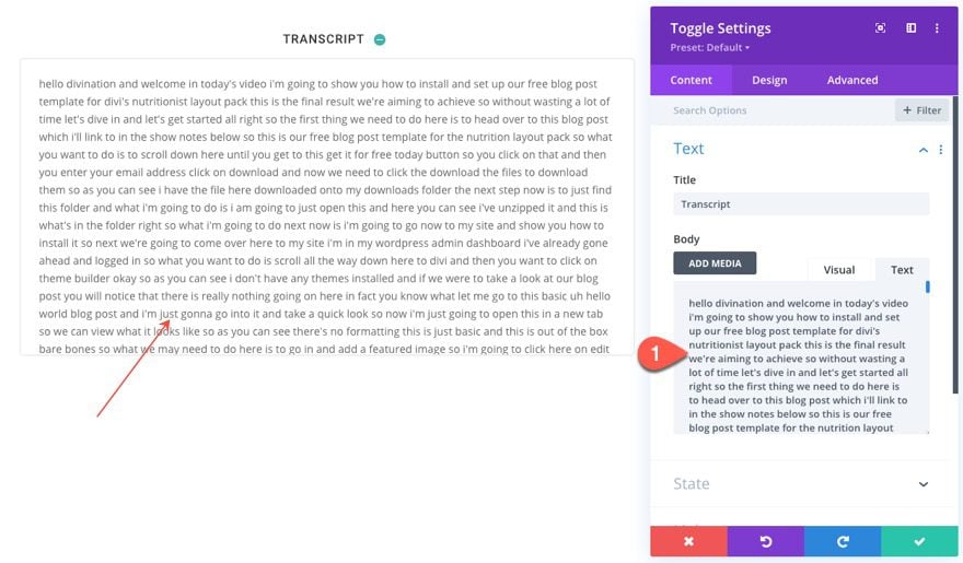 divi video transcript toggle