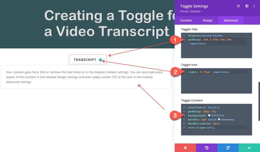 divi video transcript toggle