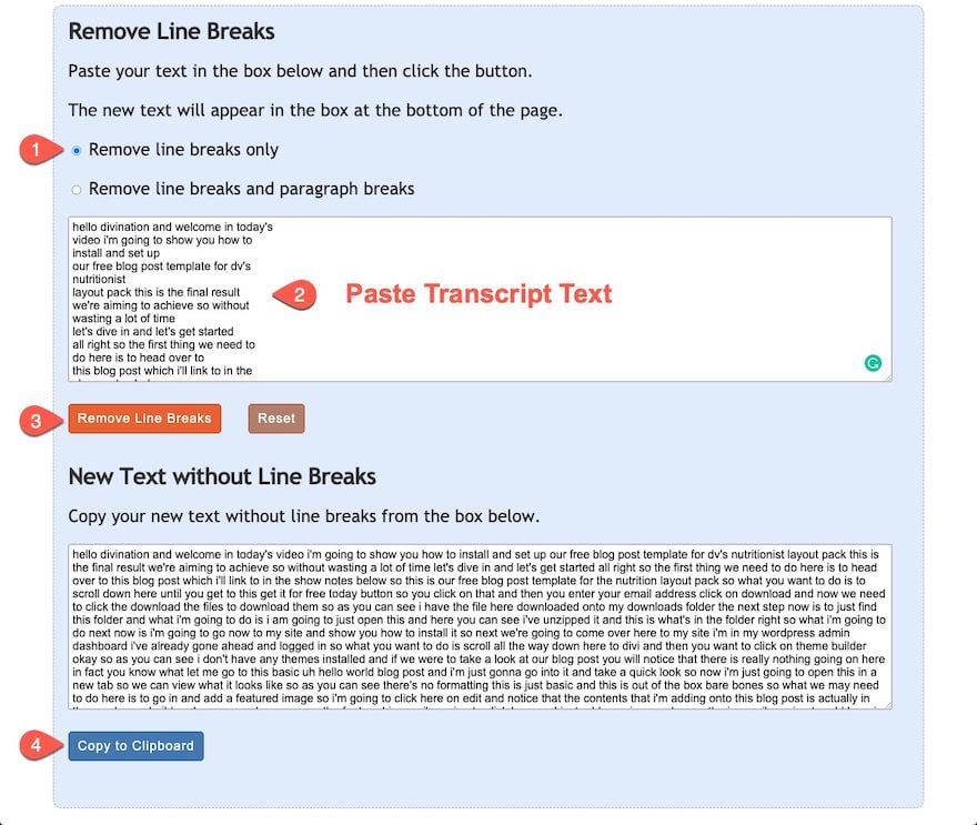 divi video transcript toggle
