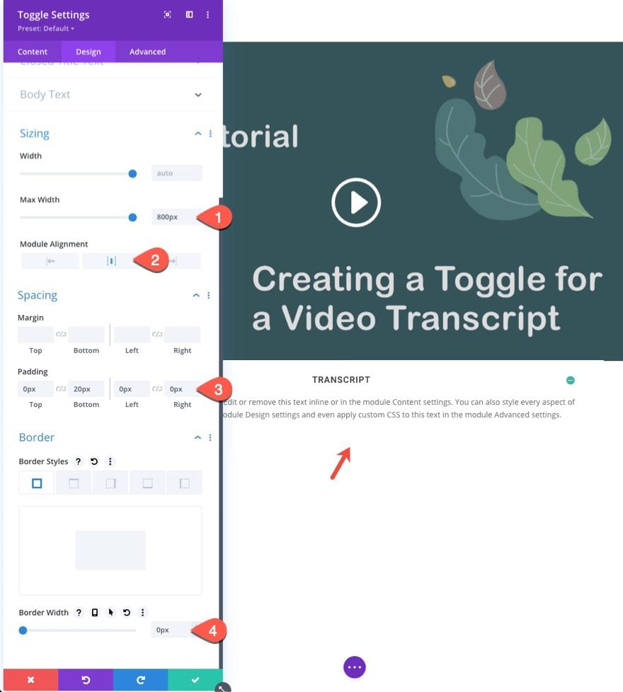 divi video transcript toggle