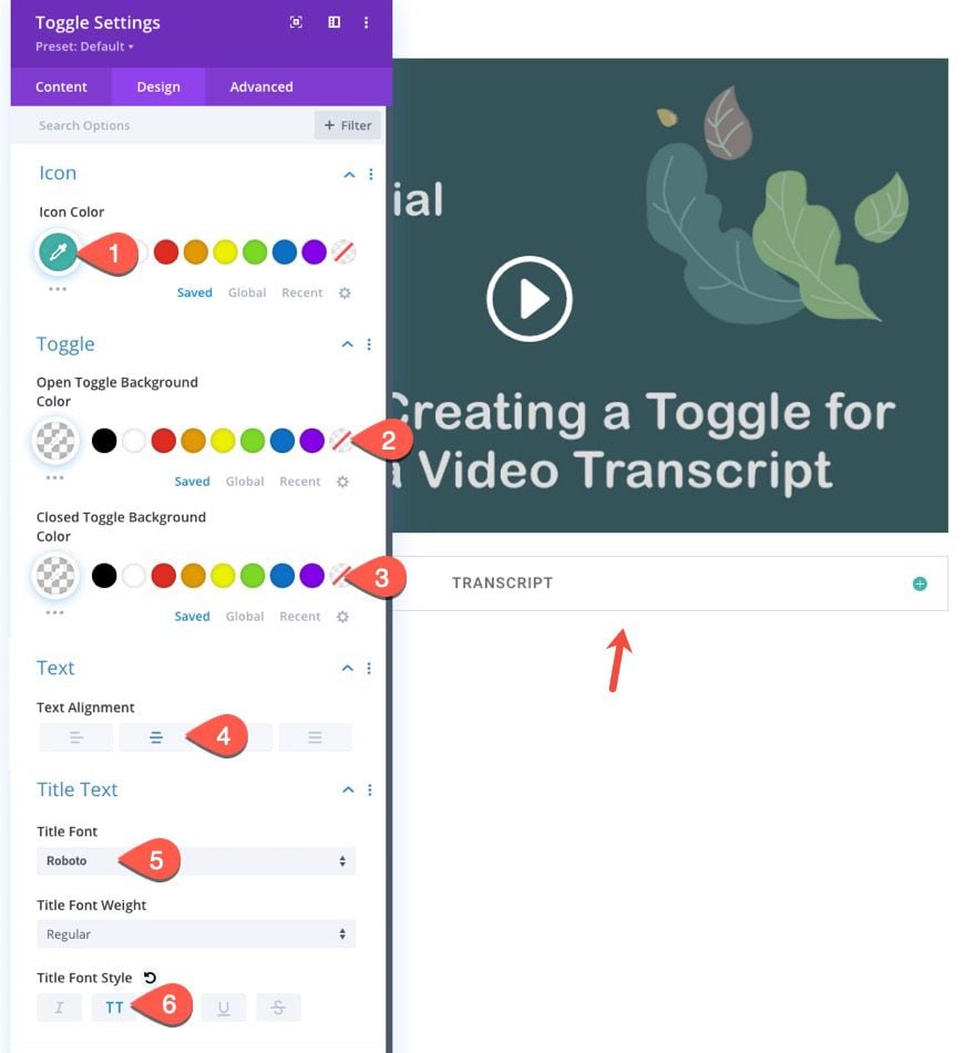 divi video transcript toggle