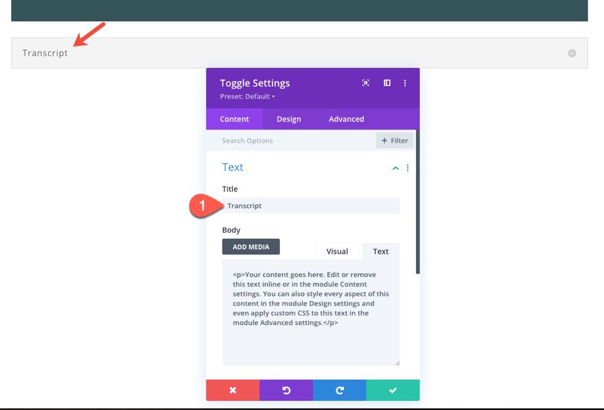 divi video transcript toggle